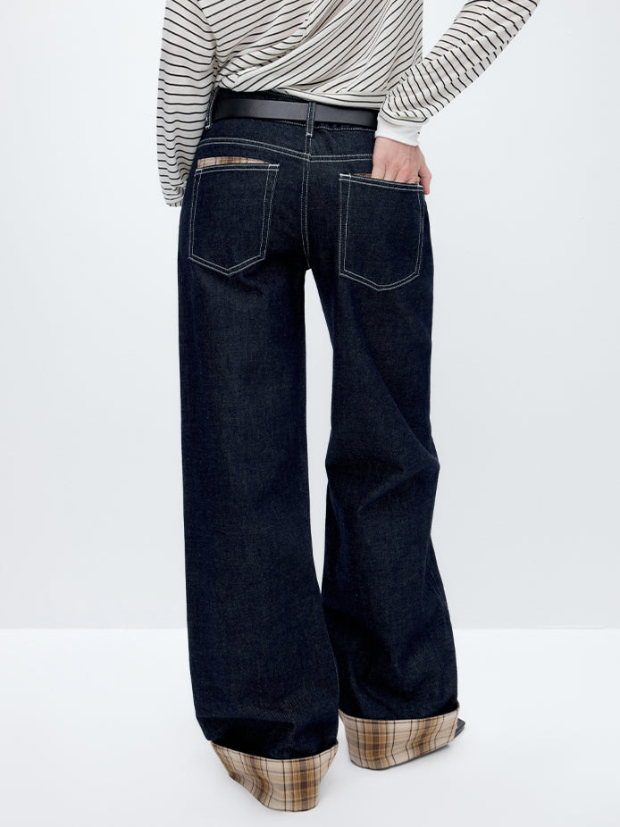 Blue Plaid Patchwork Straight-Leg Jeans - CHINASQUAD