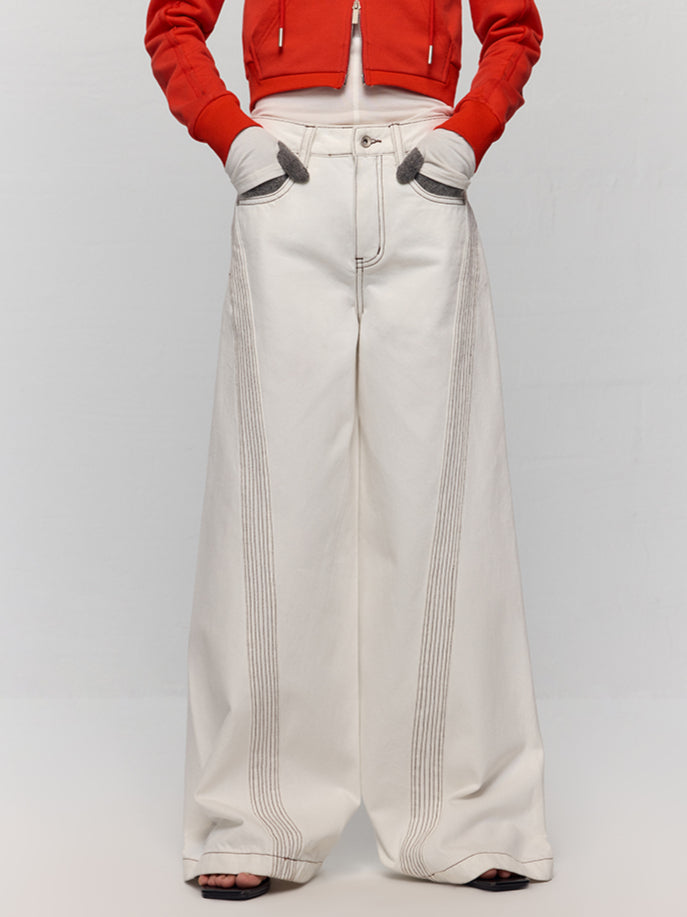 White Jeans Clear Stitching Wide-Leg Pants Jeans - CHINASQUAD