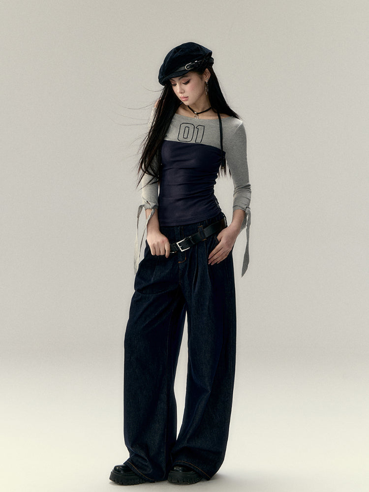 Color Block Waist Tie 3/4 Sleeve T-shirt - CHINASQUAD