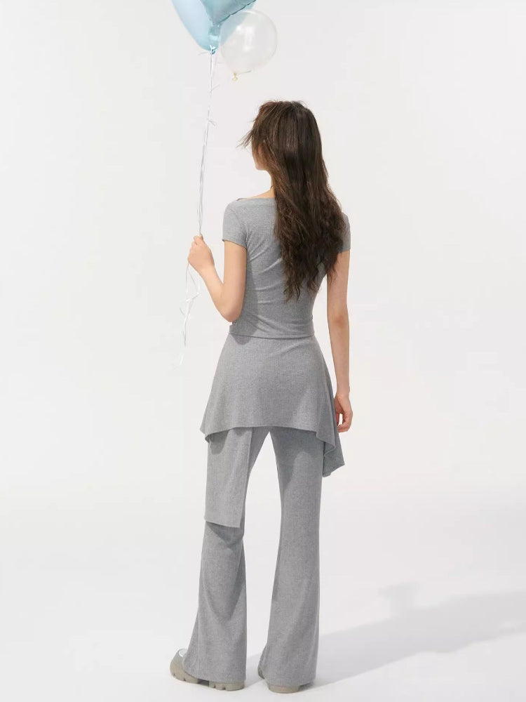 One Shoulder Irregular Slanted Pleat T-shirt & Pants Set - CHINASQUAD