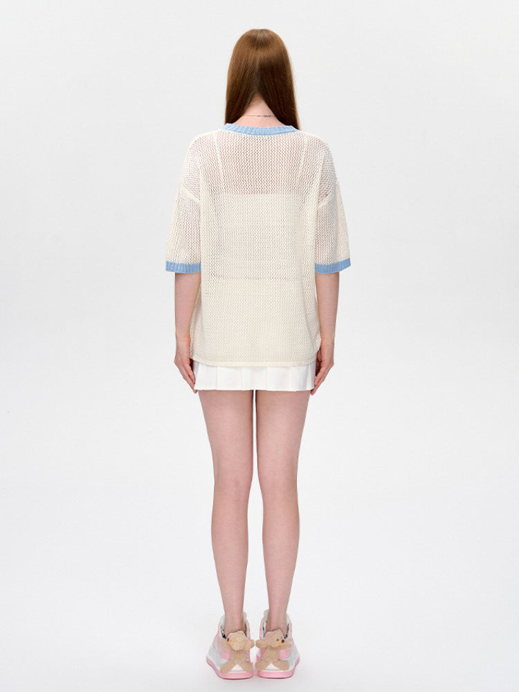 Hollow Color-Blocked Logo Round Neck T-shirt - CHINASQUAD