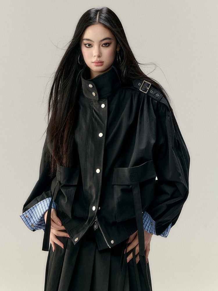 Plaid Patchwork Oversized Large Pockets Jacket - CHINASQUAD