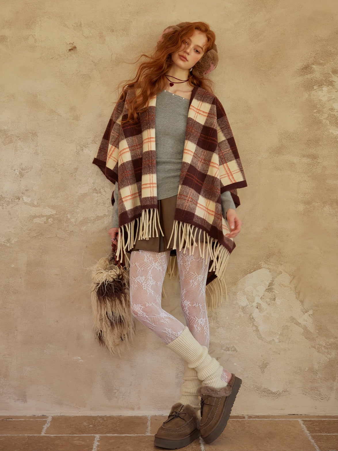Vintage Plaid Fringe Shawl Scarf