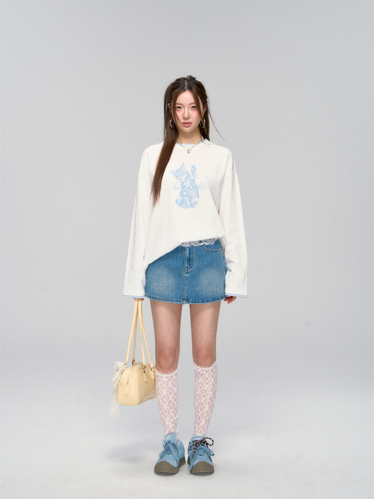Blue Lace-Trim Denim Skirt - CHINASQUAD