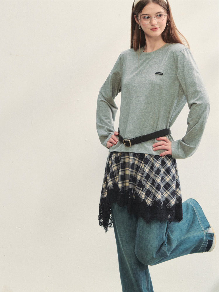 Plaid Lace Patchwork Knit Dress - CHINASQUAD