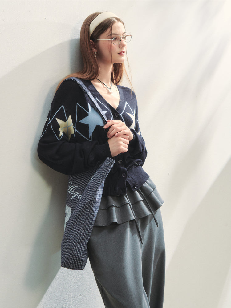 Single-breasted Star Argyle Knit Cardigan - CHINASQUAD