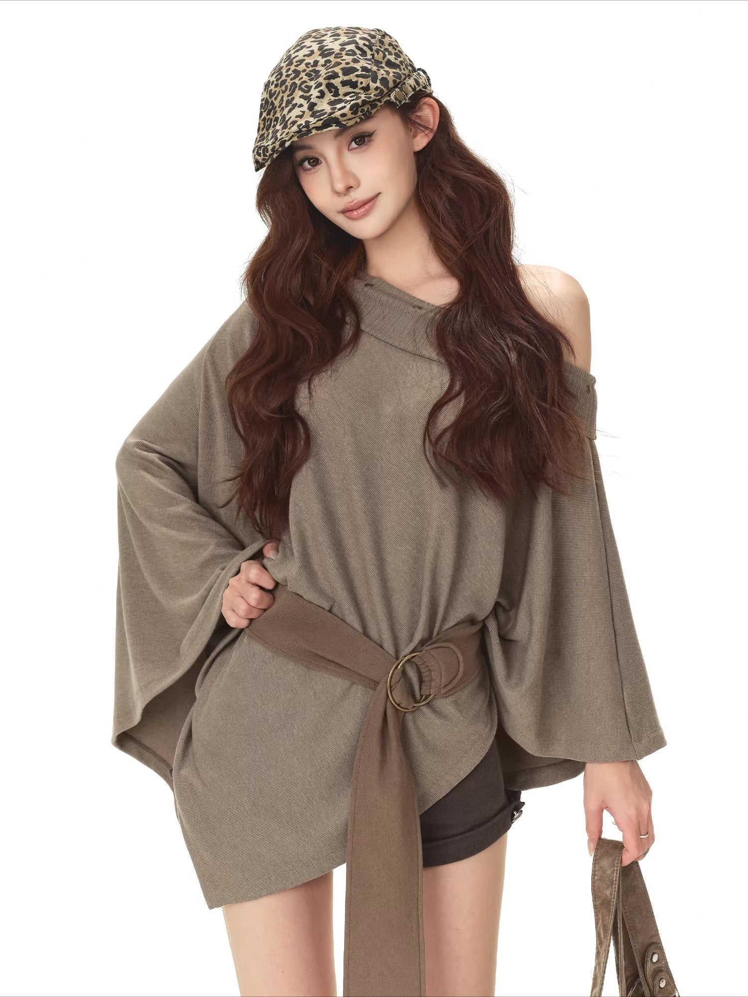 Cape-Style Off-Shoulder Long T-Shirt