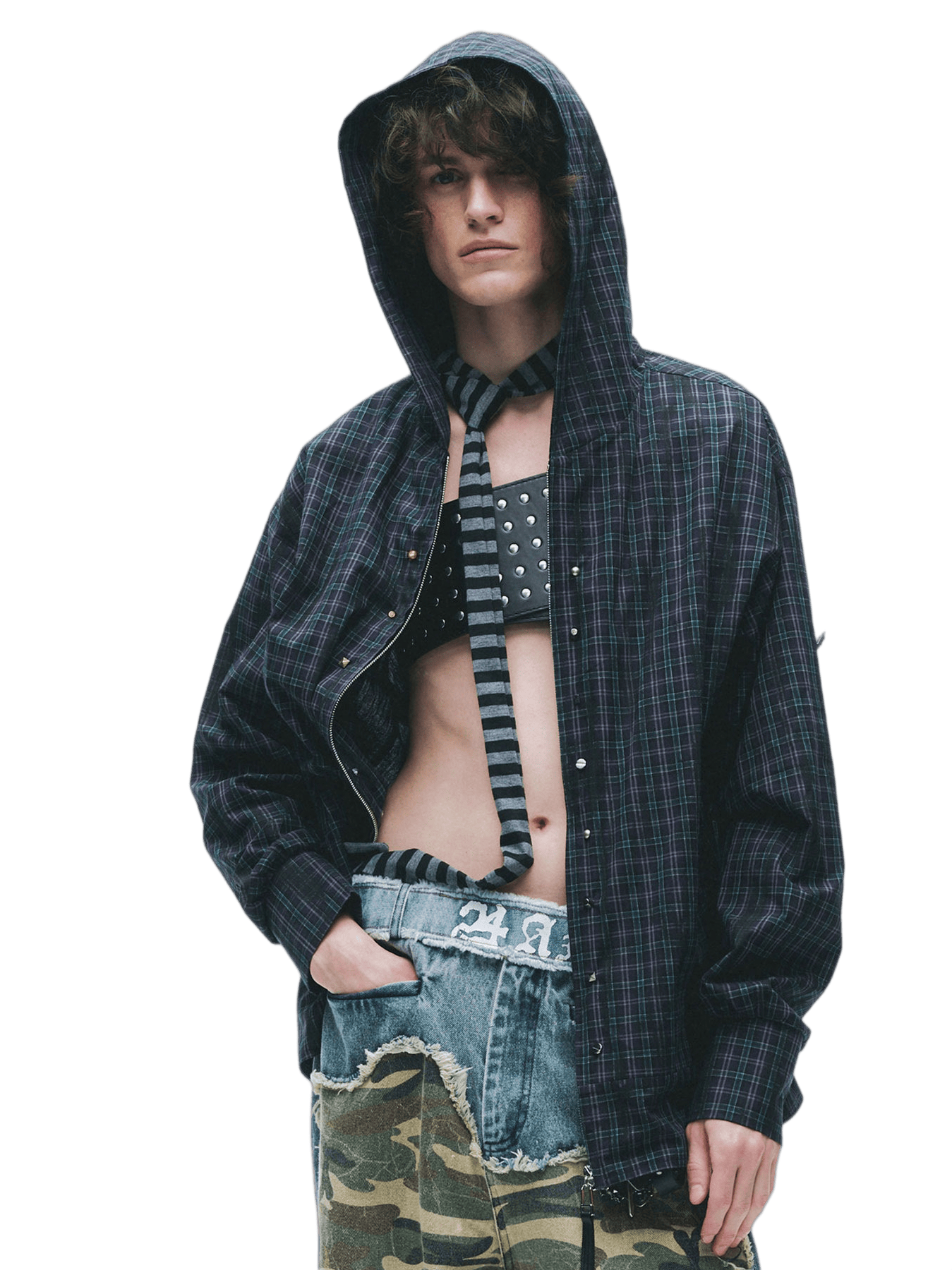 Distressed Studded Hooded Shirt