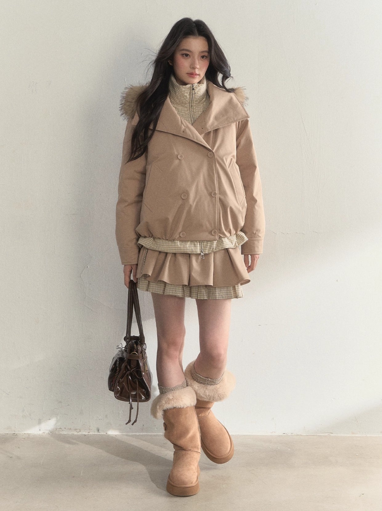 Retro Khaki Double-Layer Pleated Skirt