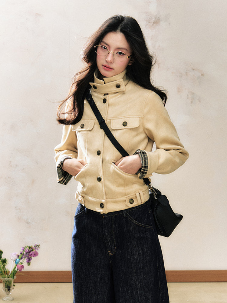 Khaki Suede Korean-Style Short Jacket - CHINASQUAD