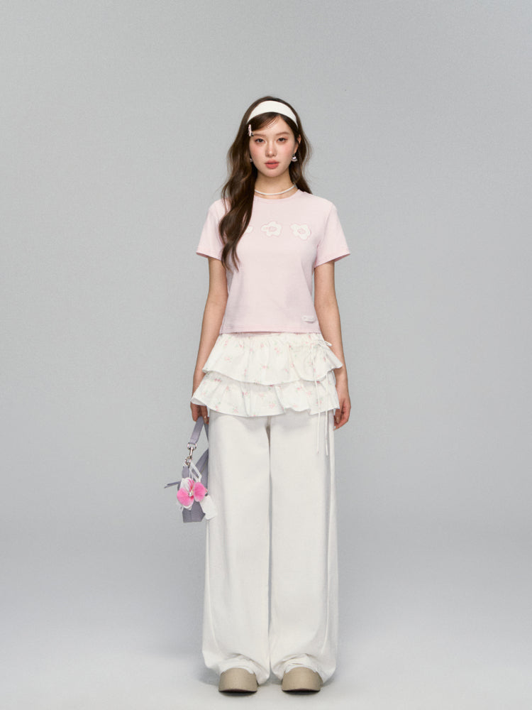 Flower Applique Round Neck T-shirt - CHINASQUAD