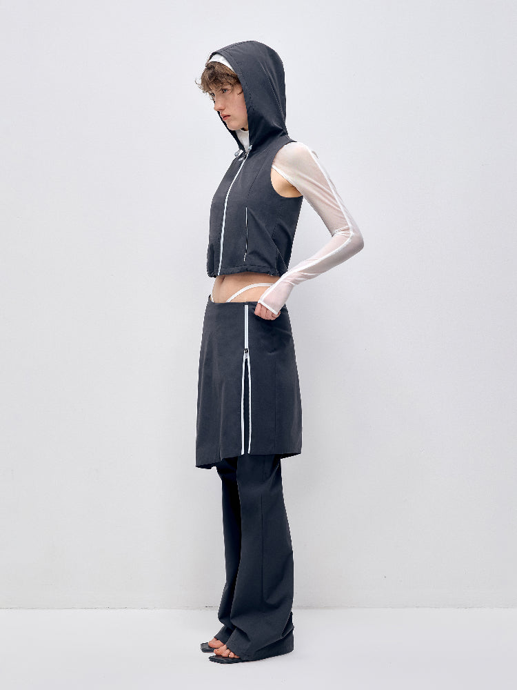 Color-block Hooded Zipper Vest & Pant Set