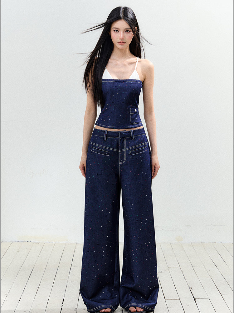 Fake Two-Piece Rhinestone Halter Top & Pant Set - CHINASQUAD