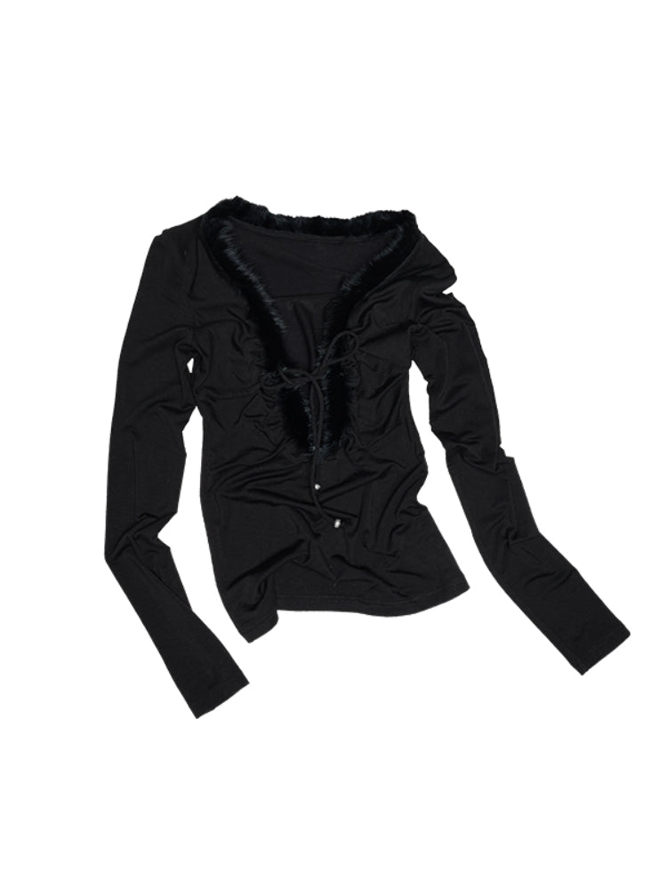 Fur Trimmed Deep V-Neck Slim Fit Knit Top - CHINASQUAD