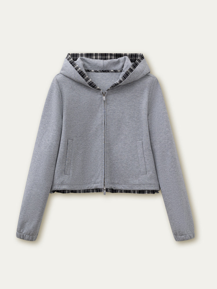 Gray Plaid Spliced Hoodie & Skirt Set - CHINASQUAD