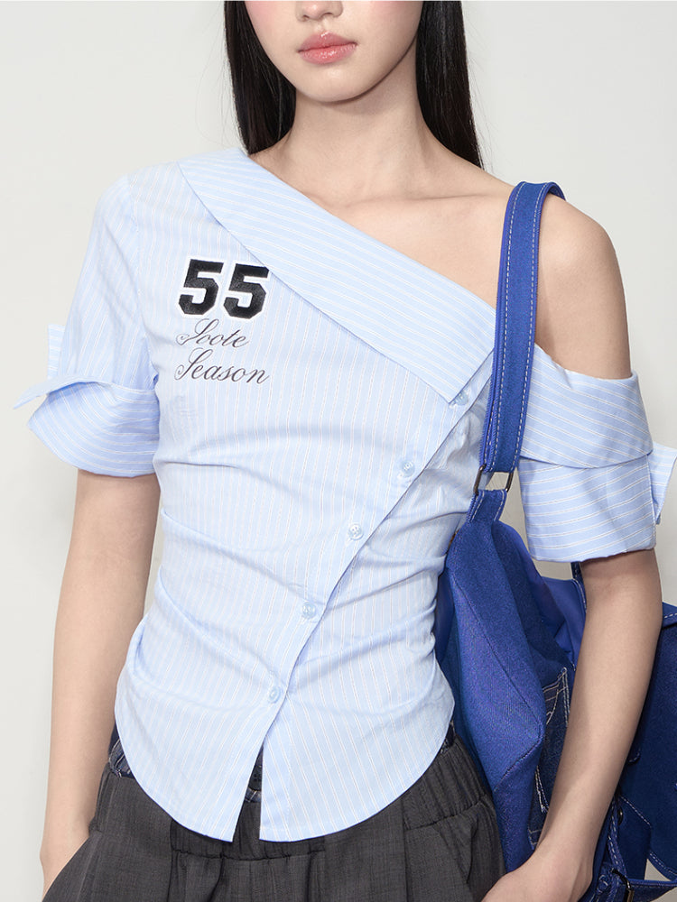 Pure-desire Asymmetric-shoulder Waist-cinching Blouse - CHINASQUAD