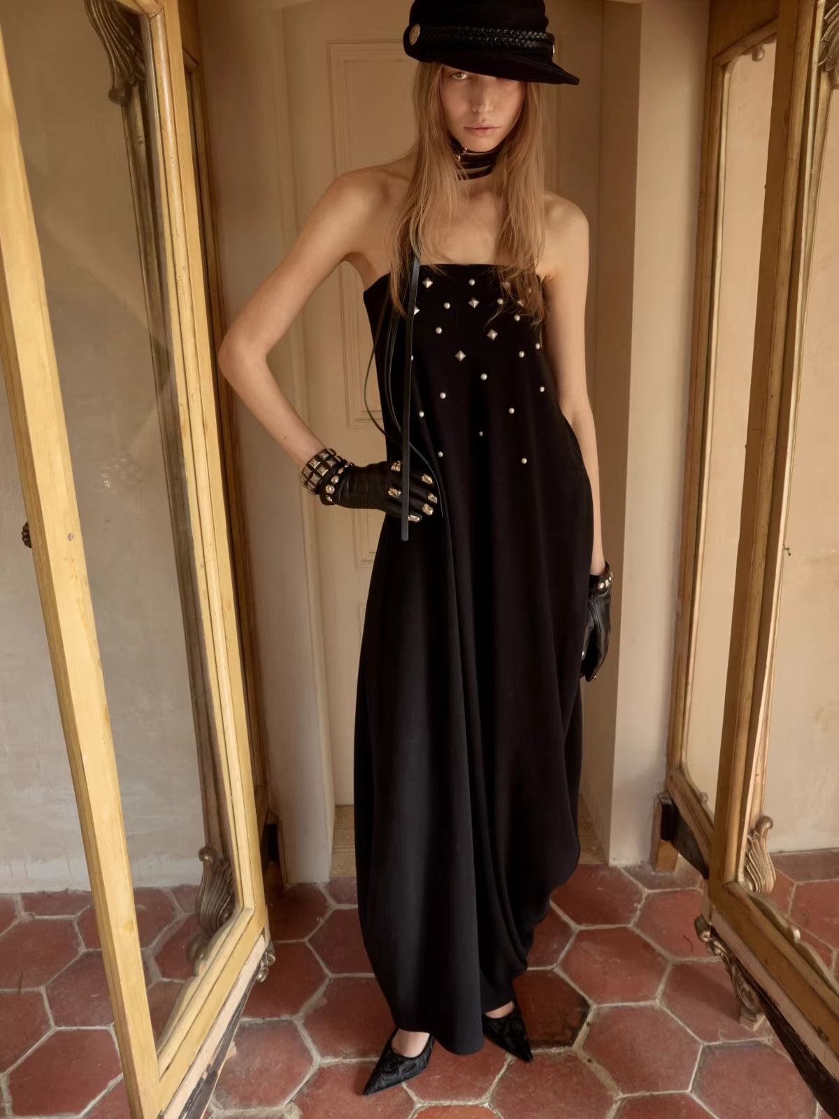 Studded Sculptural Strapless Maxi Dress