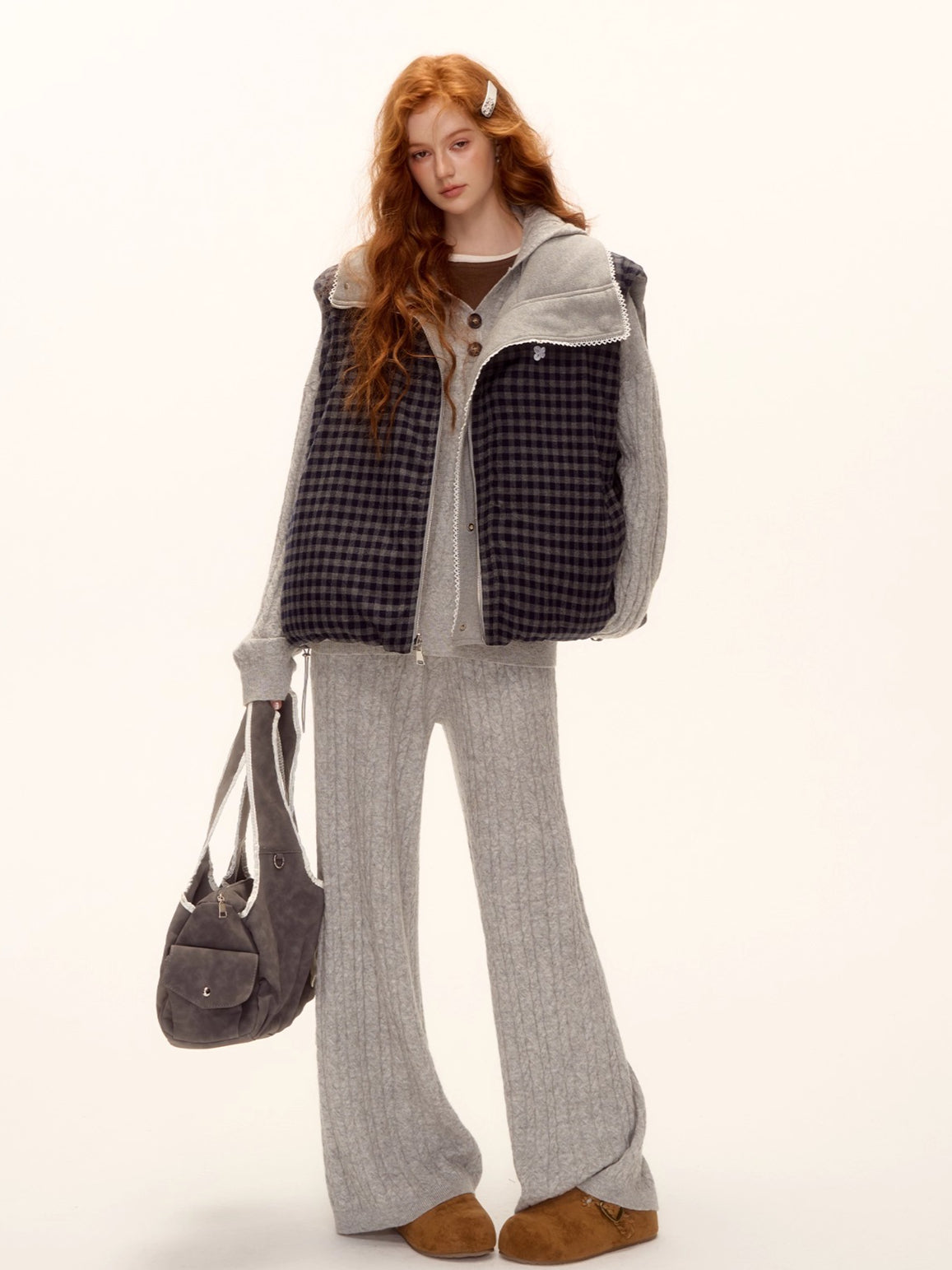 Reversible Plaid Lace-Trim Padded Vest