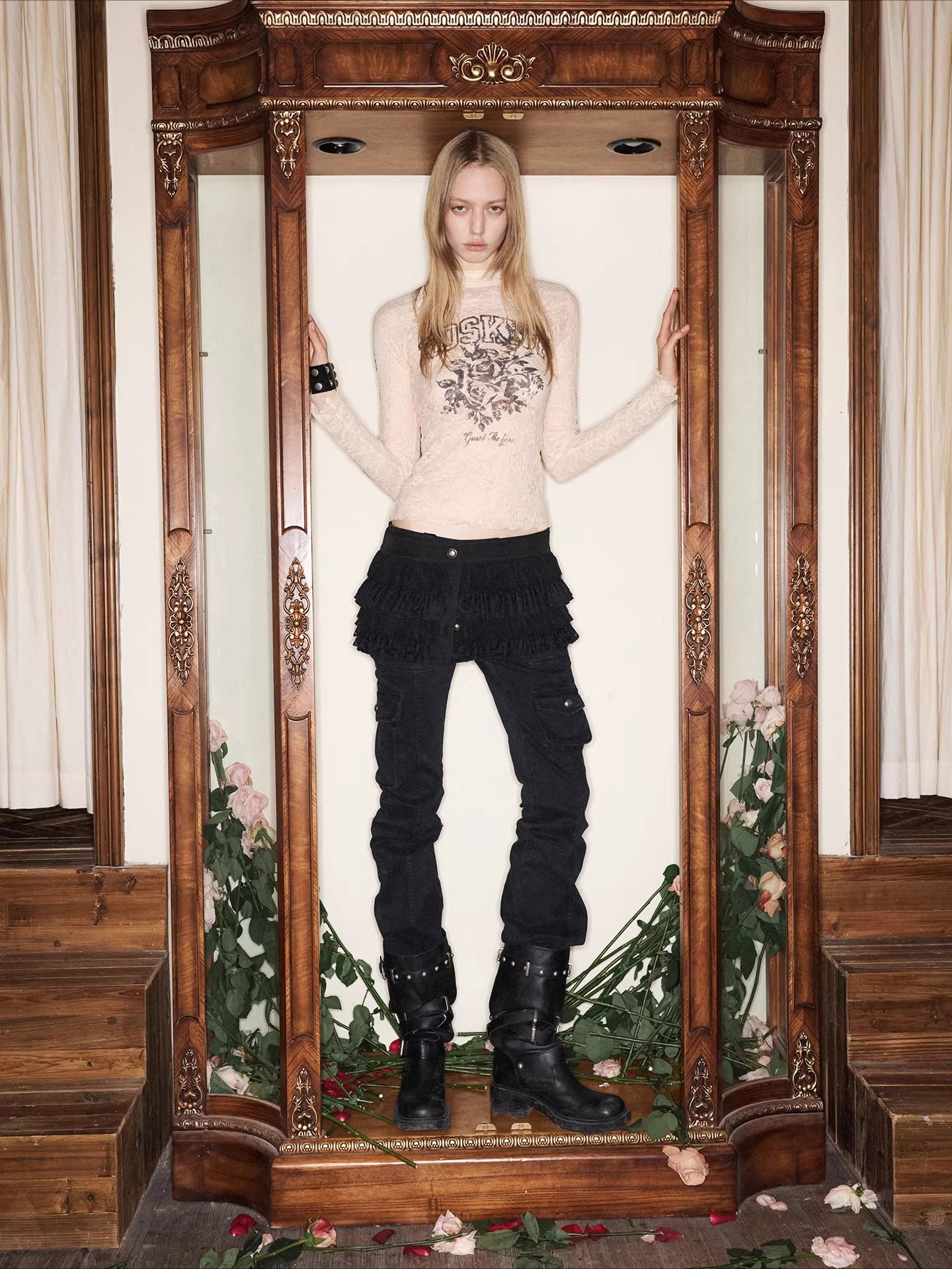 Vintage Rose Lace Print Sheer Base-Layer