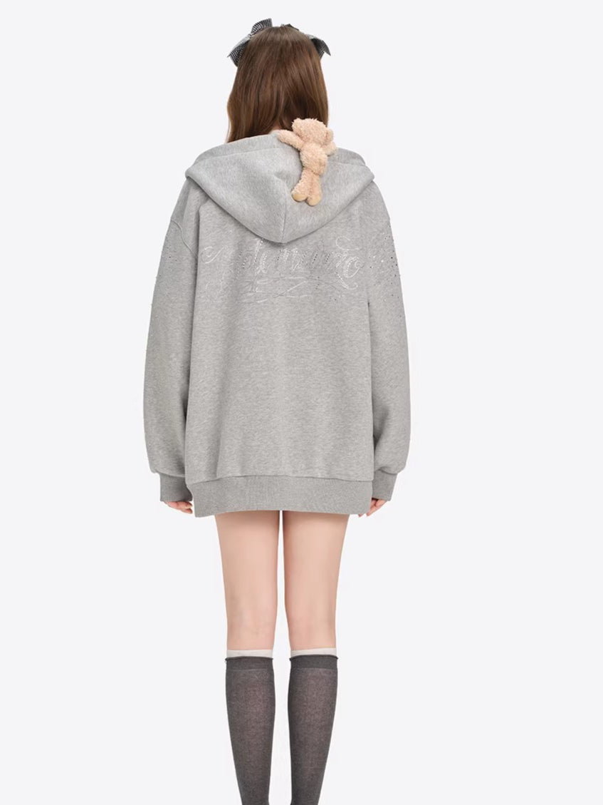 Faux-Diamond Embellished Relaxed Hoodie Jacket