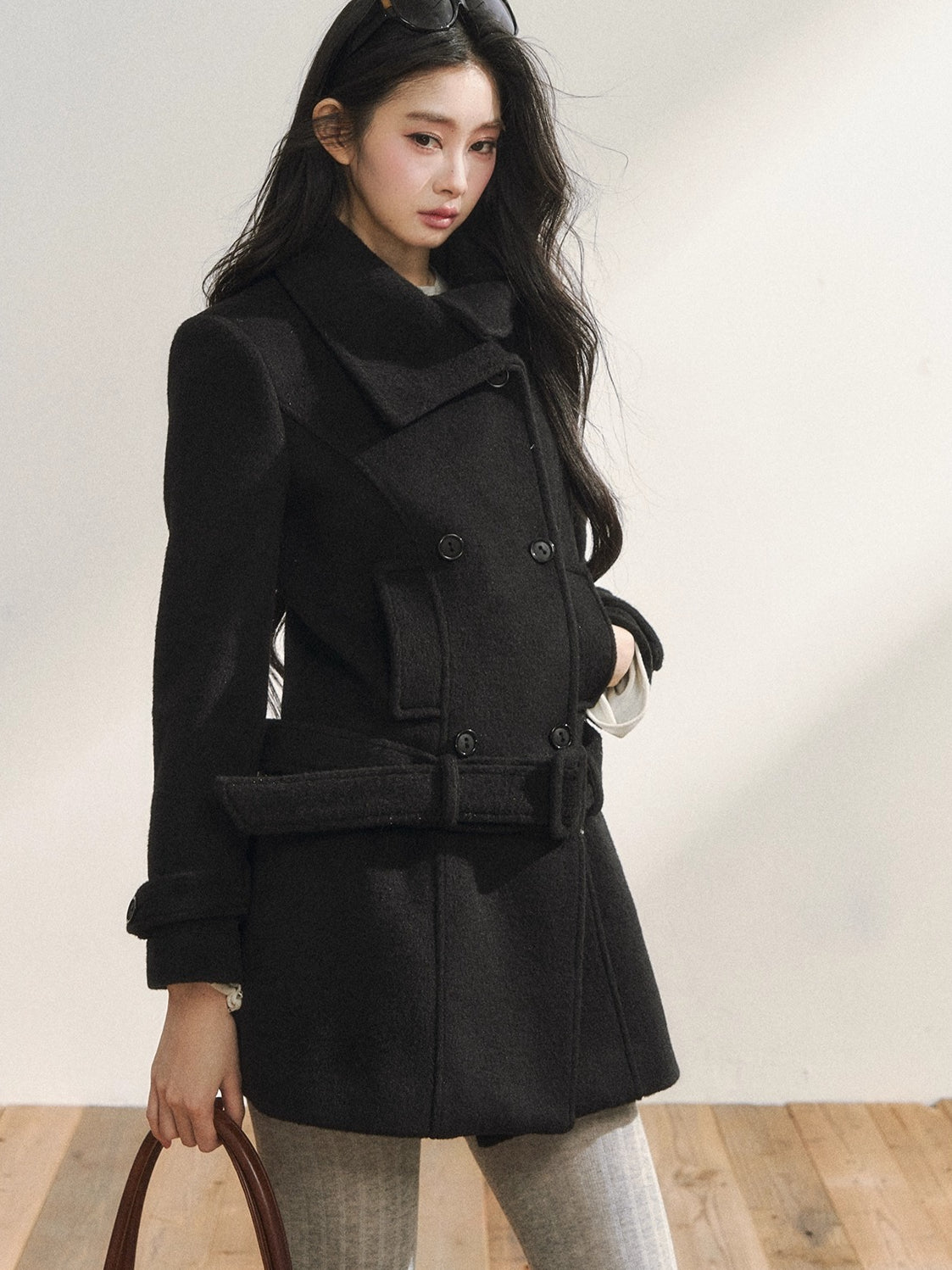 Black Wool-Blend Detachable Hem Double-Breasted Coat