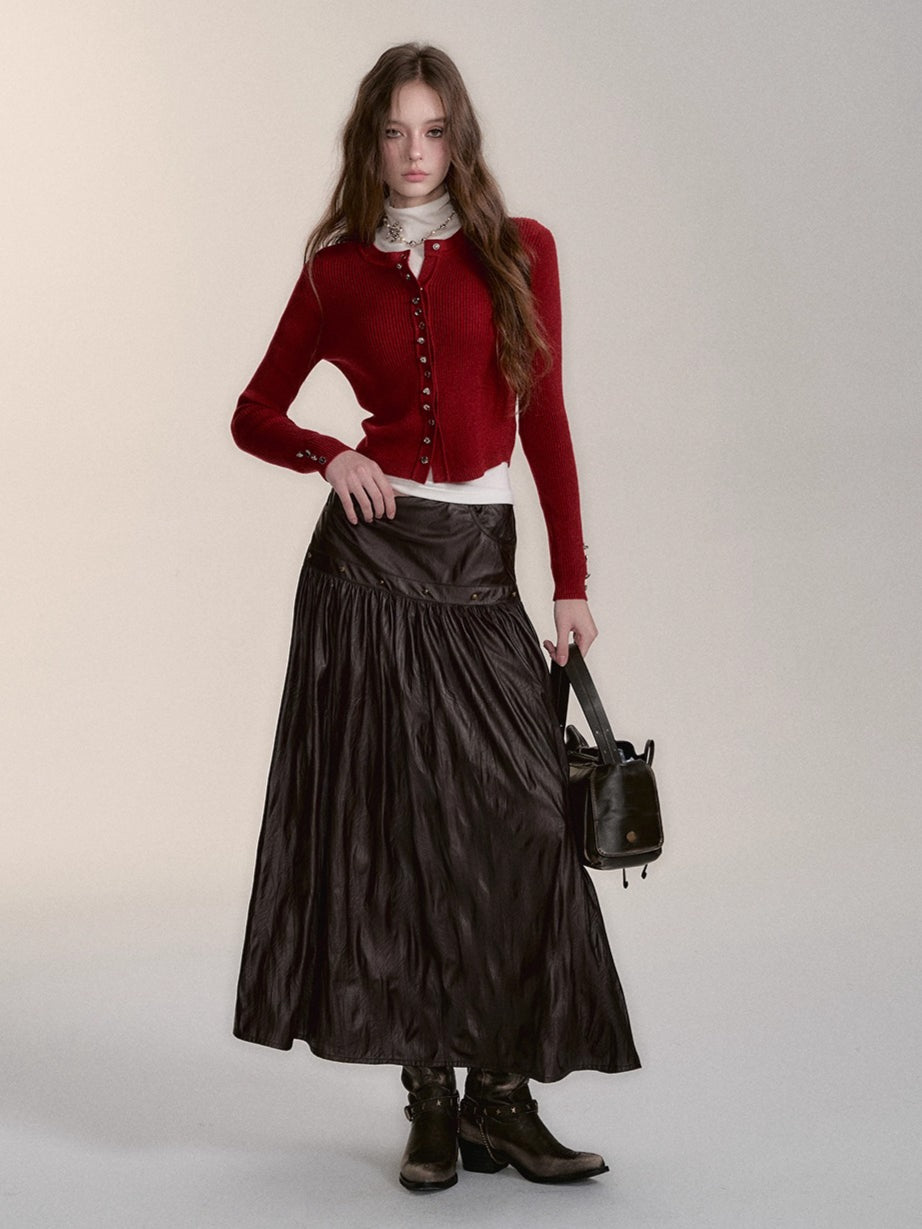 Dark Coffee PU Midi Skirt