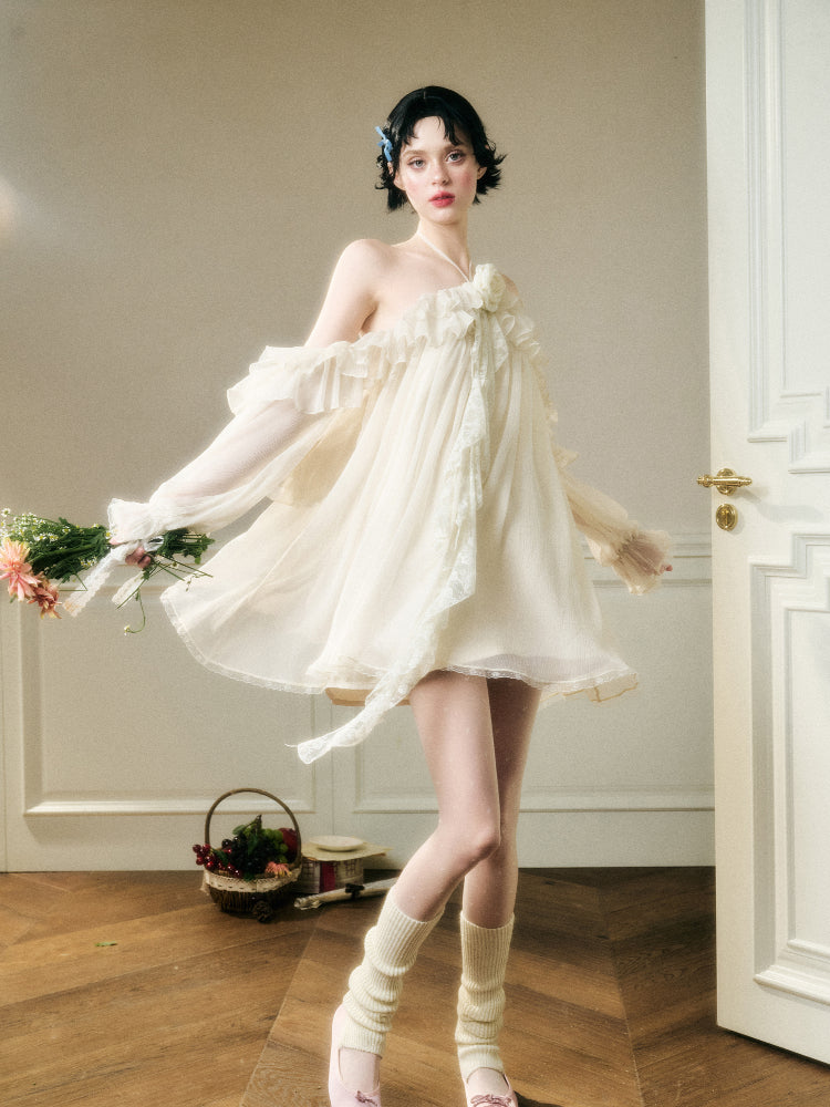 Halter Neck Off-Shoulder Ribbon Dress - CHINASQUAD