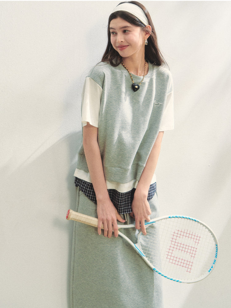 Fake 3-Piece Plaid Short-Sleeve T-shirt & Skirt Set - CHINASQUAD