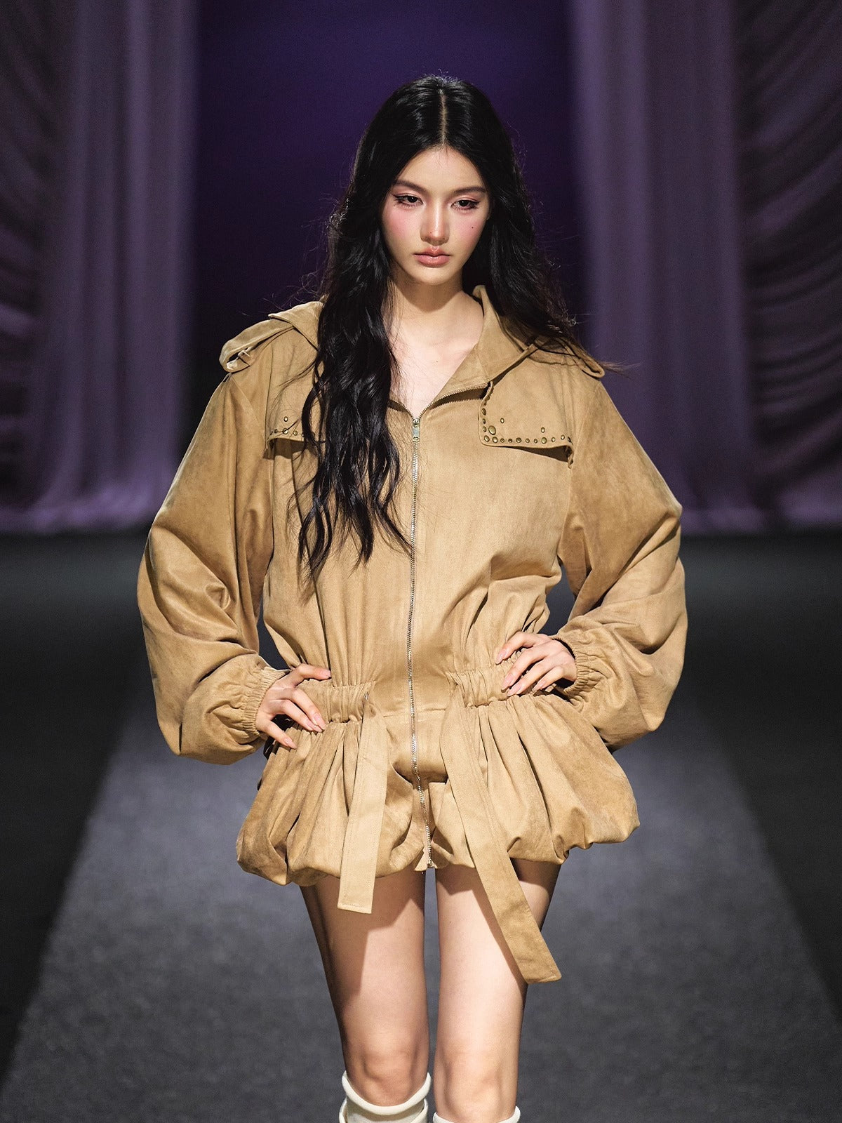 Studded Suede Hooded Trench Coat - CHINASQUAD