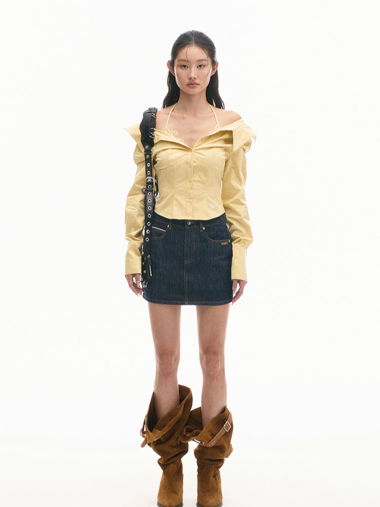 Two-in-One Off-Shoulder Slim-Fit Long-Sleeve Cotton Shirt - CHINASQUAD