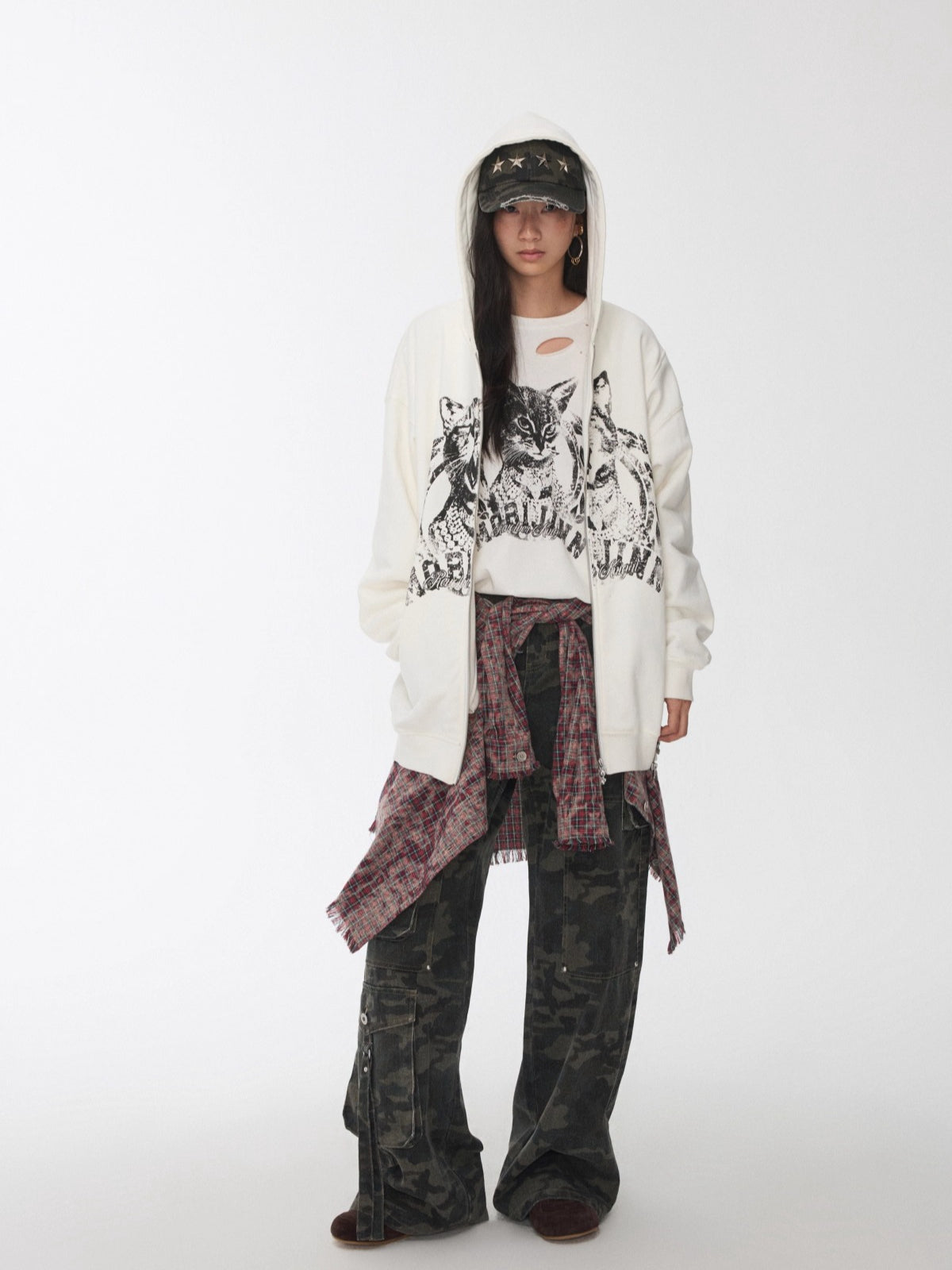 Cat Print Double-Zip Convertible Hoodie - CHINASQUAD