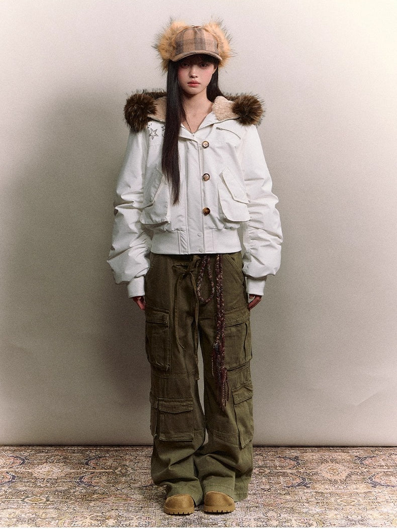 Studded Faux Fur Collar Bomber Down Jacket - CHINASQUAD