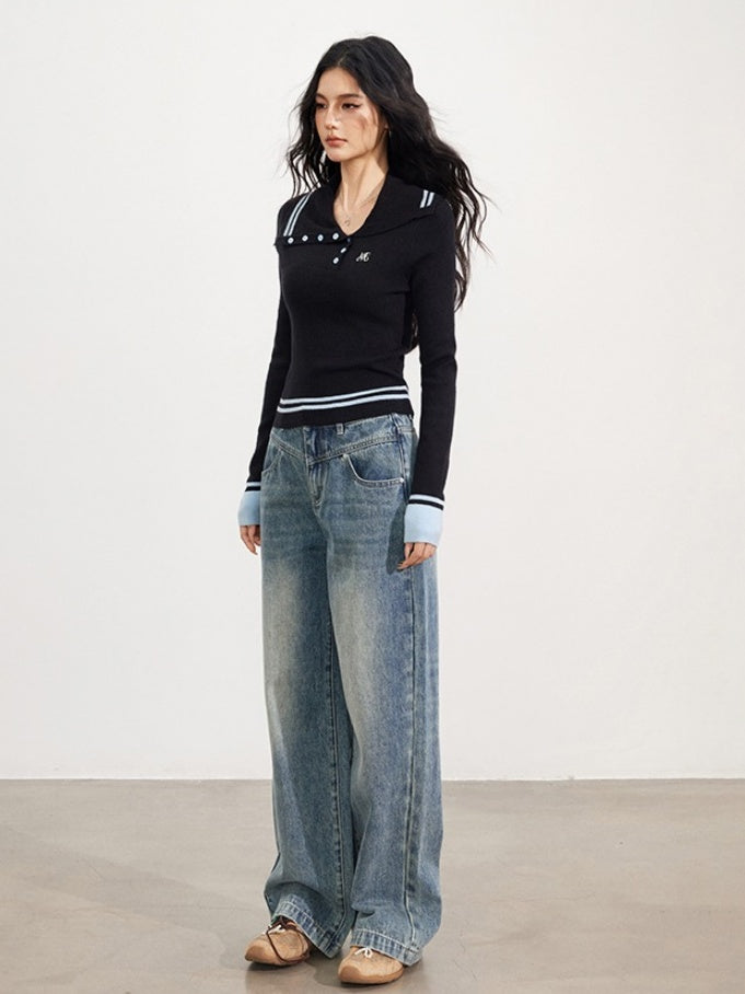 Sailor Collar Colorblock Knit V-neck - CHINASQUAD