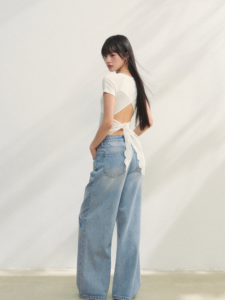 Embroidered Denim Wide-Leg Pants - CHINASQUAD