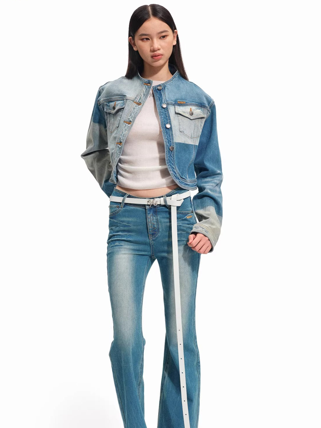 Equestrian Contrast Panel Washed Denim Jacket