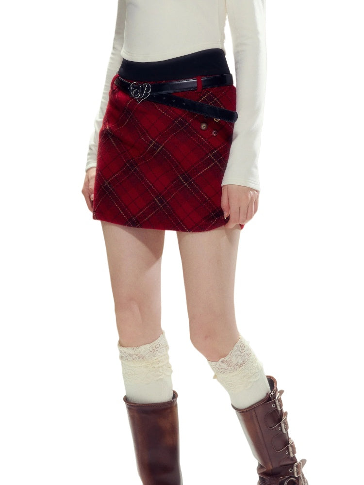 (Final Sale) Red Vintage Plaid Woolen Skirt - CHINASQUAD