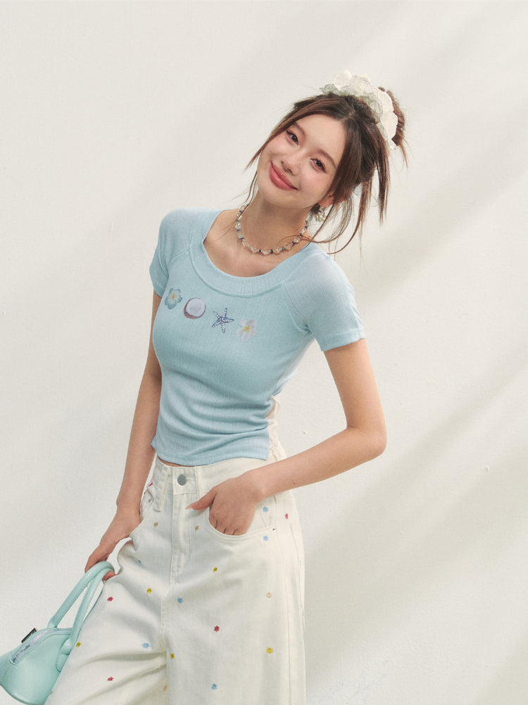 Crew Neck Printed Backless Embroidered T-Shirt - CHINASQUAD