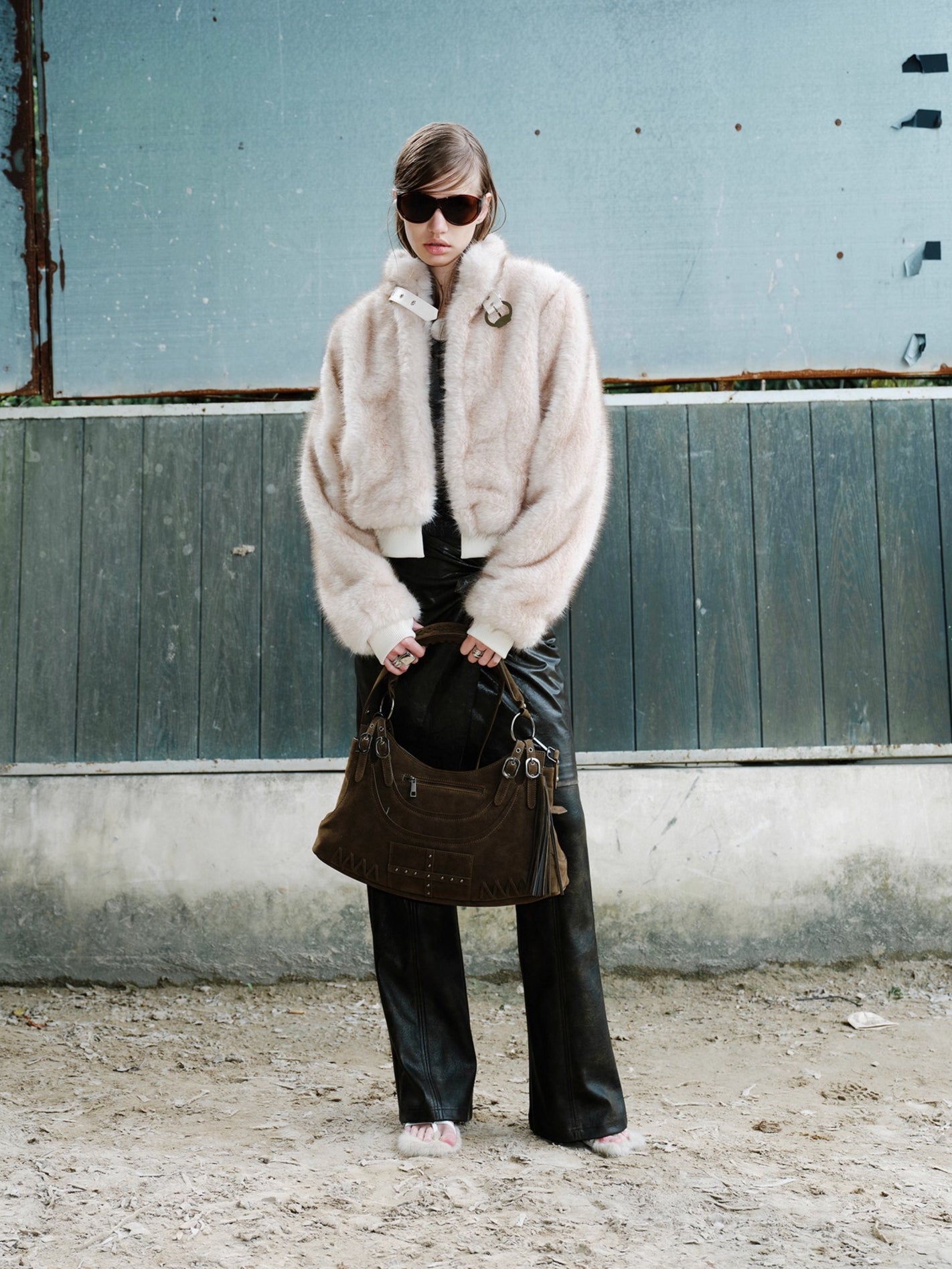 Metal-Buckle Stand Collar Faux Fur Coat