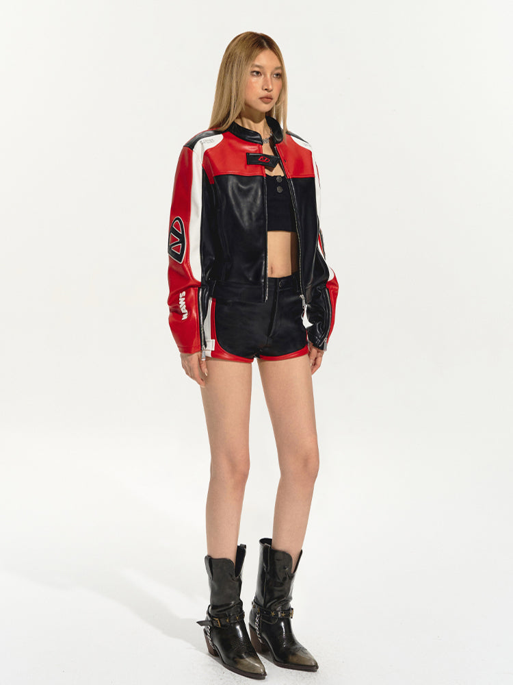 (Final Sale) Embroidered Zip Short Contrast-Color Moto Jacket - CHINASQUAD