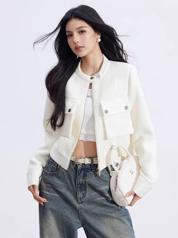 Chic Stand-Collar Tweed-Style Short Jacket