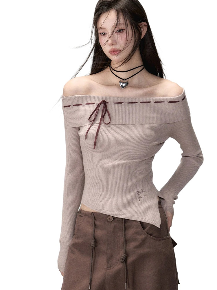 Black & Brown Off-shoulder Knitted Sweater - CHINASQUAD