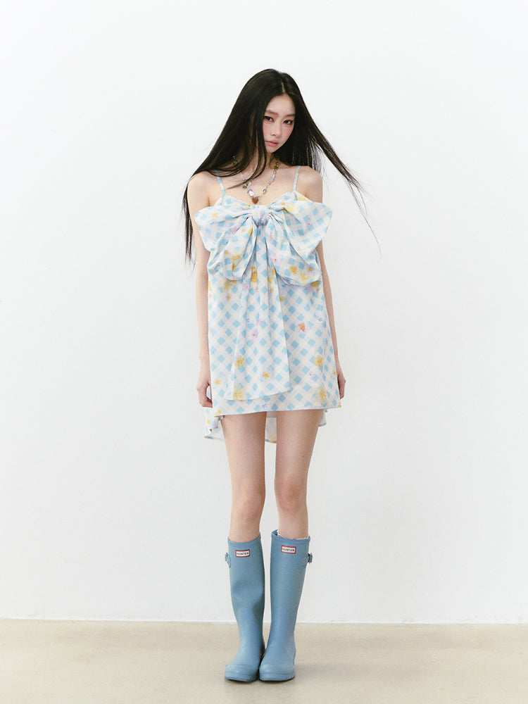 Plaid Floral Bow Print Spaghetti Strap Dress - CHINASQUAD