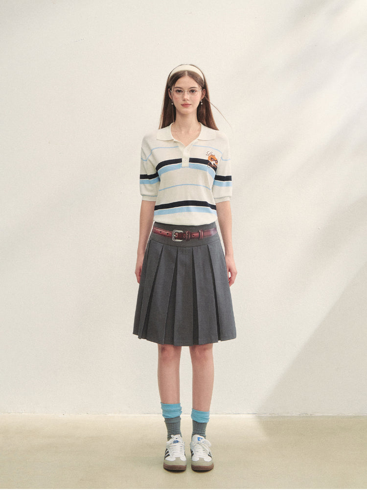 Fake Two-piece Printed Belted Pleated Skirt - CHINASQUAD