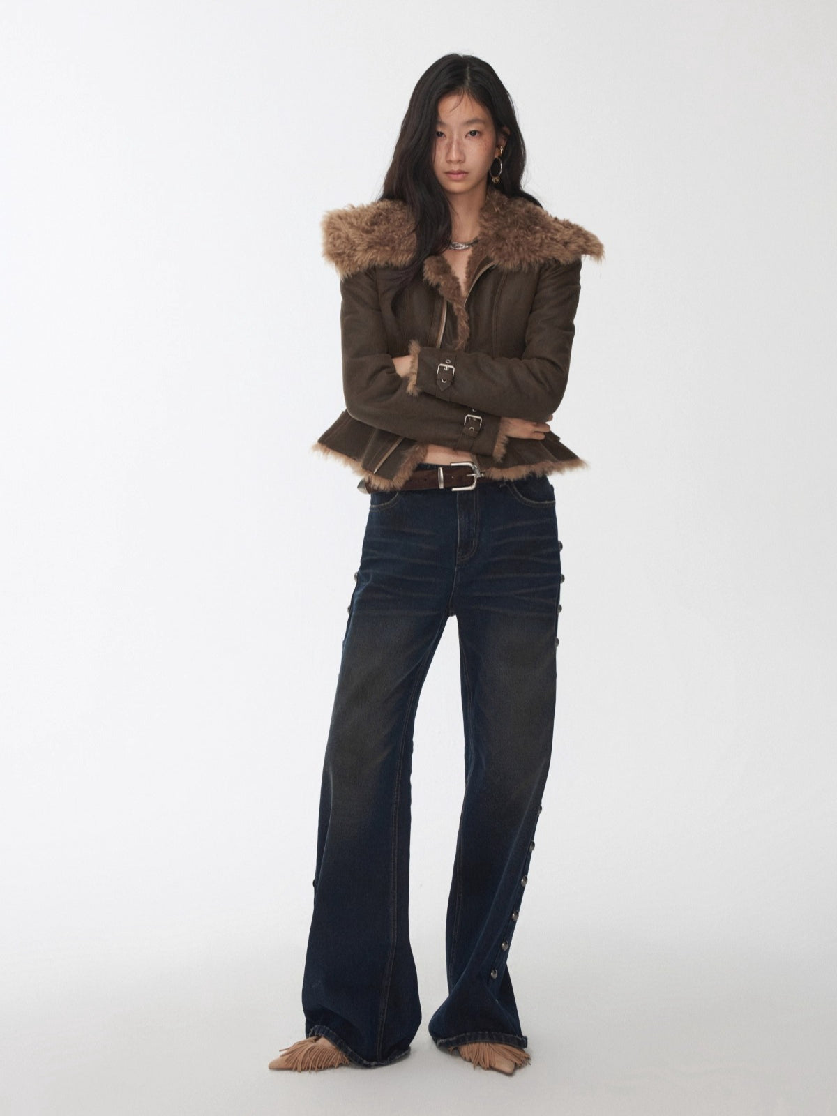 Faux Shearling-Lined Washed Leather Slim Jacket