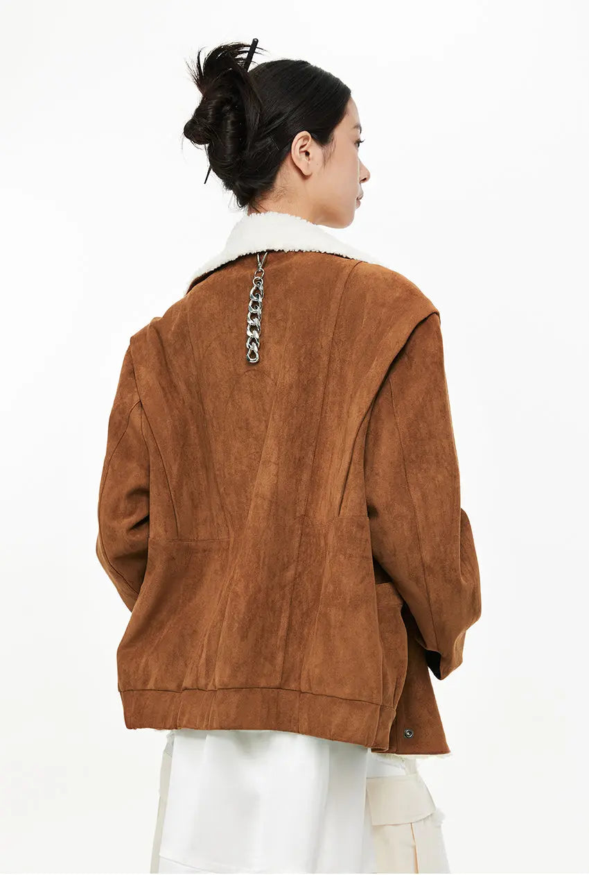 Lamb Wool Collar Faux Suede Jacket - CHINASQUAD