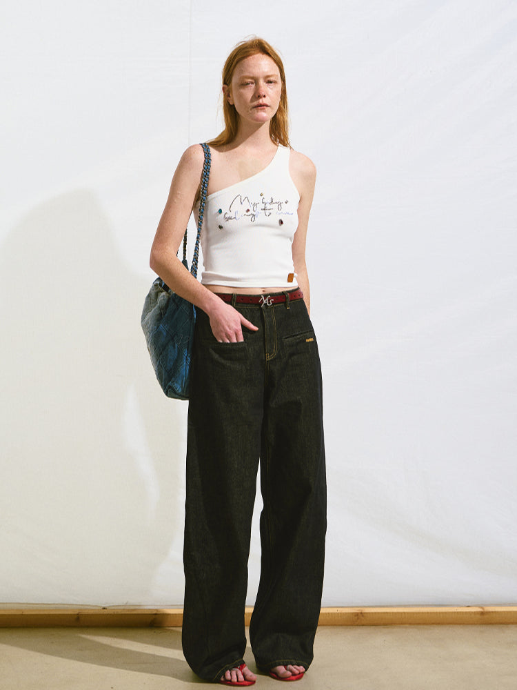 Off-Shoulder Handmade Color Rhinestone Knitted Cami - CHINASQUAD