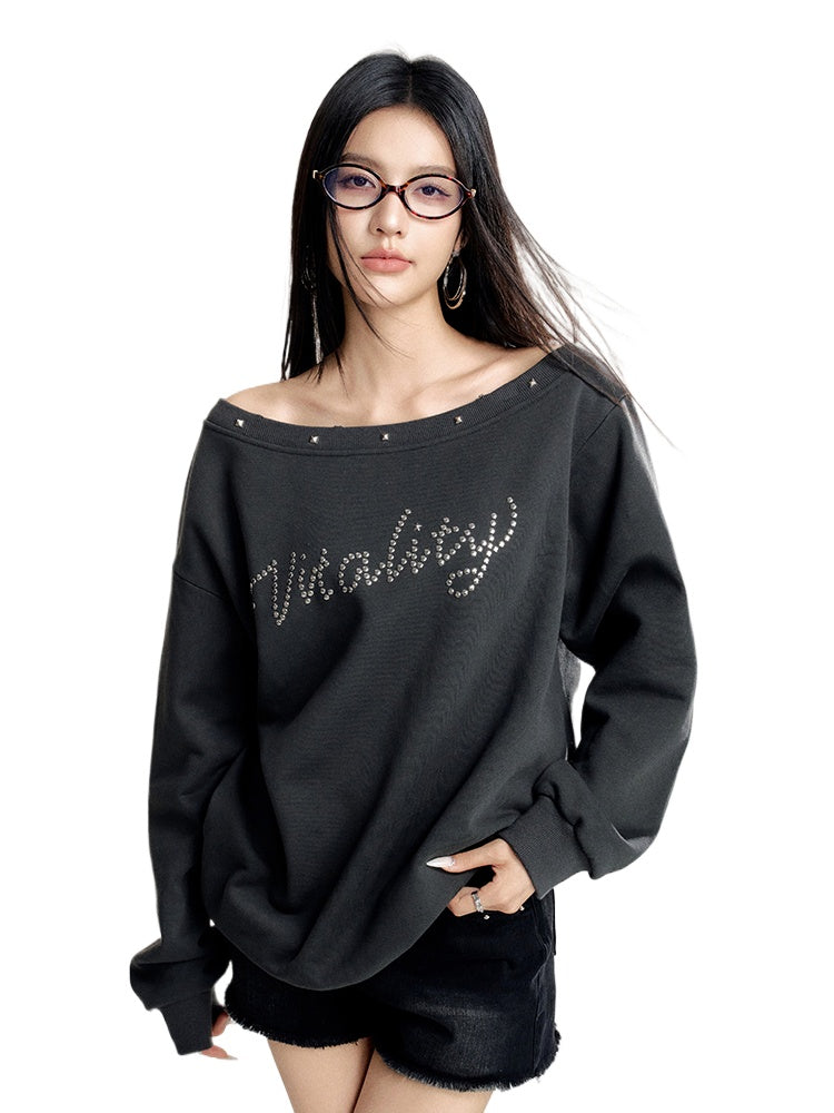 Gray Off-shoulder Studded Oversized Sweatshirt - CHINASQUAD