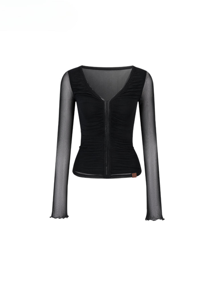 V-Neck Ruffled Mesh Slim Long-Sleeve Blouse - CHINASQUAD