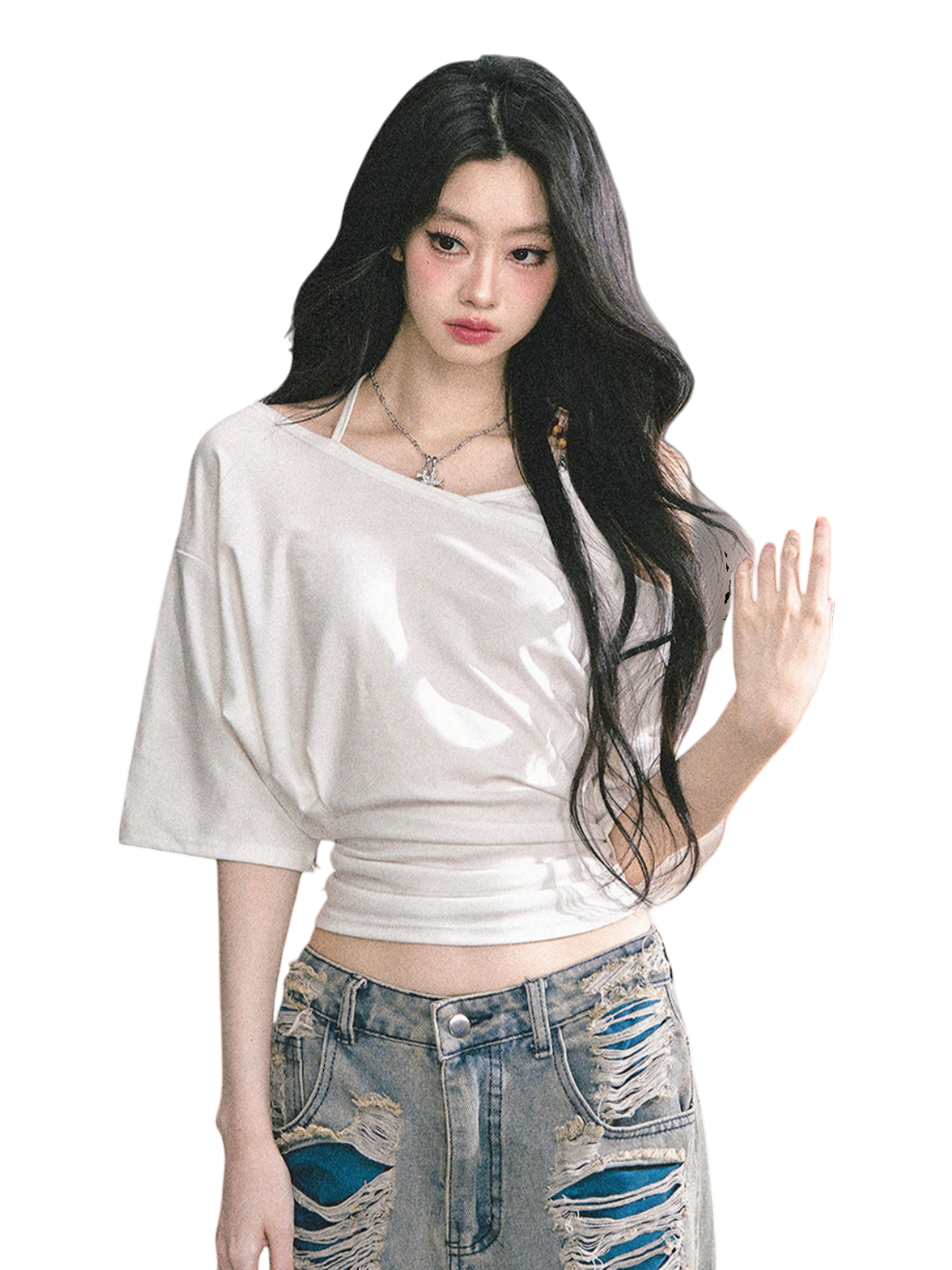 Asymmetric Short-Sleeve Halter Crop T-Shirt