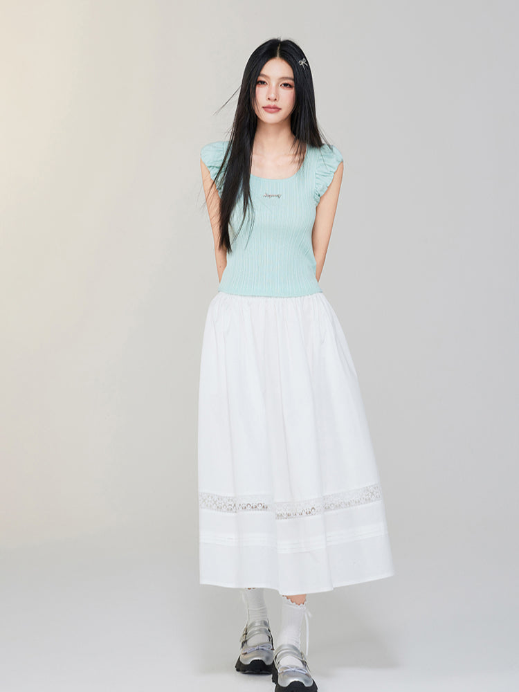 White Lace Splicing A-Line Skirt - CHINASQUAD